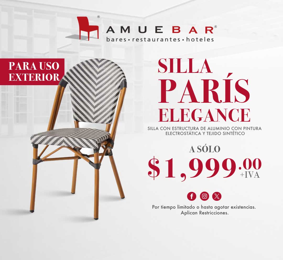 Promocion en silla con estructura de aluminio y pintura electrostática y anticorrosiva, con tejido sintético tipo ratán o mimbre en el asiento y respaldo. Ideal para restaurantes, cafeterías, terrazas y hoteles.