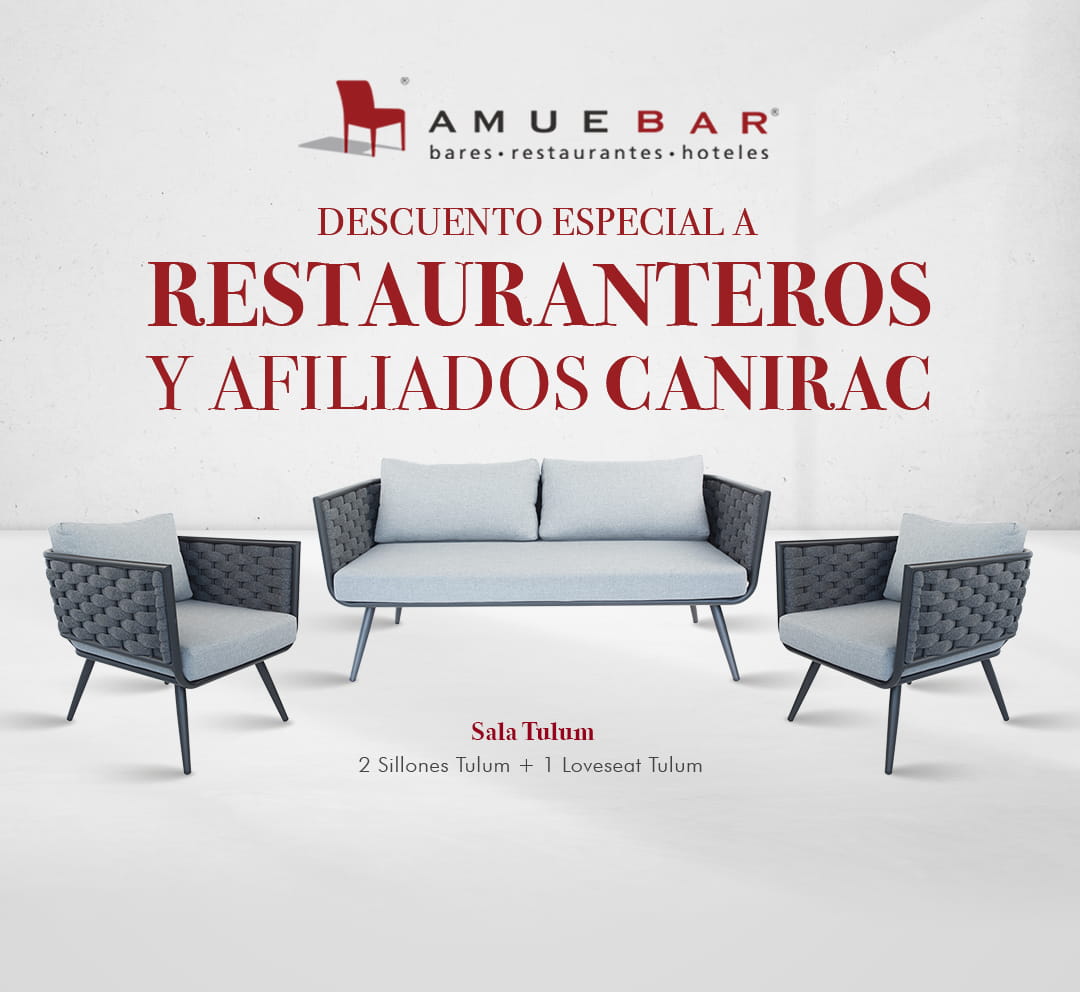 Descuento especial a restauranteros y afiliados CANIRAC en sala para exterior con sillones de estructura metálica y asientos acojinados