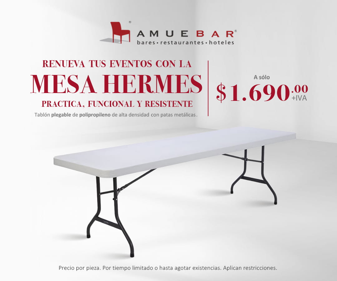 Promocion en mesa o tablon plegable con estructura de metal y cubierta de plastico ideal para eventos, bodas, conferencias y fiestas.